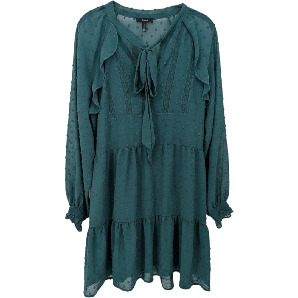 AQUA Dress Womens Small Dark Green Swiss Dot Ruffle Tie Neck Boho Holiday Party